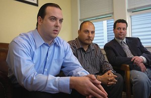 Luke Scarmazzo, left; Ridcardo Montes; and their lawyer, Robert Foorkner